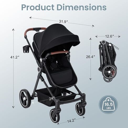 2-1 Baby Stroller, Newborn Toddler Compact Stroller with Convertible Seat, Foldable Pram Stroller with Adjustable Backrest/Canopy& Cup Holder, for 0-48 Months in Kuwait