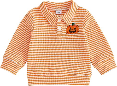 Toddler Baby Boy Halloween Outfit Pumpkin Stripe Long Sleeve Polo Shirt Top | Pumpkin Ghost Embroidery, Stripe Print, Button Front, Loose Fit in Kuwait