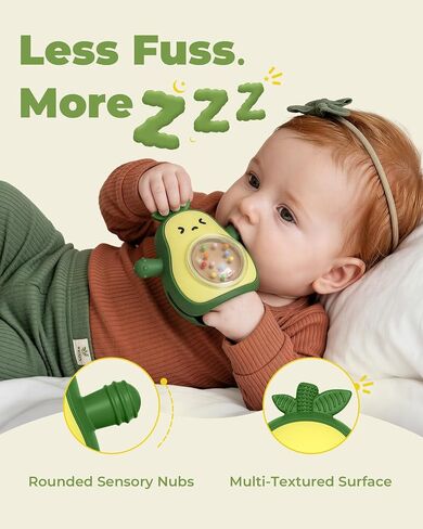 Infinno Baby Teether 3-12 Months, Avocado Silicone Rattle Toy | Anti-drop mitt grip, BPA-free silicone teether with rattle and multi-texture gum relief, great baby gift in Kuwait