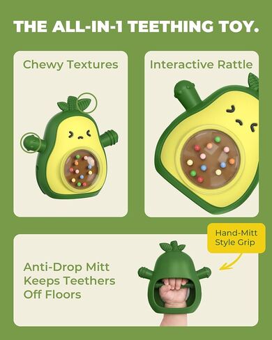 Infinno Baby Teether 3-12 Months, Avocado Silicone Rattle Toy | Anti-drop mitt grip, BPA-free silicone teether with rattle and multi-texture gum relief, great baby gift in Kuwait