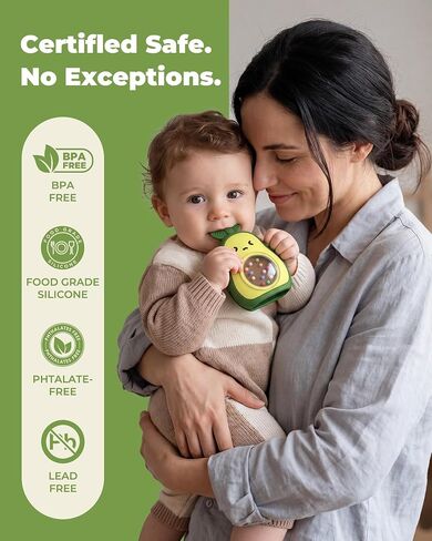 Infinno Baby Teether 3-12 Months, Avocado Silicone Rattle Toy | Anti-drop mitt grip, BPA-free silicone teether with rattle and multi-texture gum relief, great baby gift in Kuwait