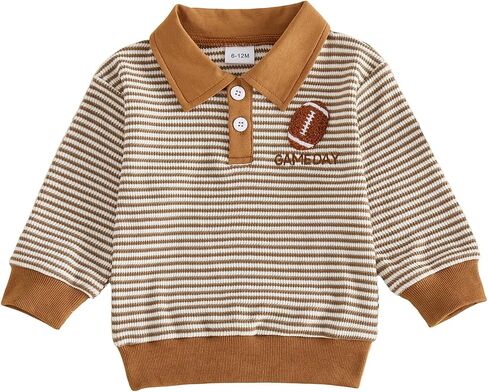 Infant Toddler Baby Boy Fall Clothes Football Game Day Striped Polo Shirt | Soft Cotton Knit Button Collared Embroidered Long Sleeve Top Casual Winter Wear Pullover Casual Playwear Sweatshirt Outfit in Kuwait
