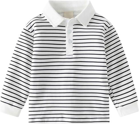 Toddler Strip Long Sleeve Polo Shirt Color Block Collar Button Closure Top | Boys Girls Casual Comfortable Striped School Uniform Tops Little Kids Trendy Fashion Fall School Uniform Clothes in Kuwait