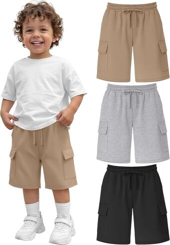 3 Pack Toddler Boys Cargo Shorts with 4 Pockets Elastic Waist Drawstring Soft Summer Bottoms Shorts for Baby 18M-5T in Kuwait
