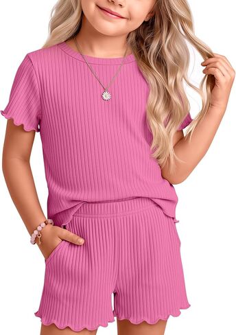 Yooo's Vivi Toddler Girl's Baby Summer School Clothes 2 Piece Outfits Cotton Ruffle Ribbed Short Sleeves Shirts Shorts Sets in Kuwait