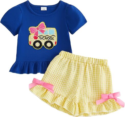 Little Girl Outfit Back to School Shirt and Shorts Toddler Kindergarten Set | School bus embroidery, Ruffled short sleeve top, Plaid shorts, Pre k outfit, Toddler first day of school girl clothes in Saudi Arabia