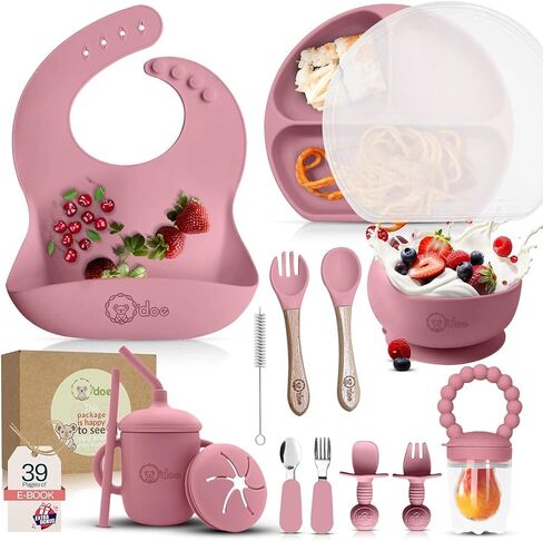O'doe™ 17-Piece BPA-Free Silicone Baby Feeding Set | Thick & Soft Suction Plates, Baby Bowls, Wooden Fork & Spoon, and More | Make Mealtime Fun and Easy for Your Little One (Green, V2) in Kuwait
