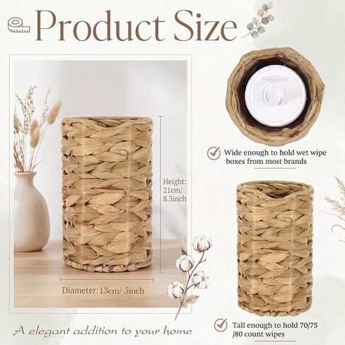 Lounsweer Wipes Dispenser,Natural,Water Hyacinth,Cylinder | Farmhouse Woven Wet Wipe Container, Decorative Natural Countertop Storage Holder, Kitchen Bathroom Decor in Kuwait