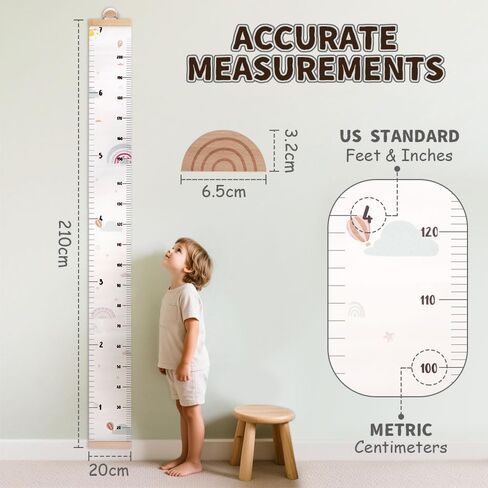 CEYAZYE Growth Chart for Wall, 7 Ft Height Chart Measurement for Kids | Waterproof Canvas Tracker Ruler with Wooden Keepsake Box, Hook, Marker Pen, Neutral Nursery Room Decor Gift for Baby to Teen in Kuwait