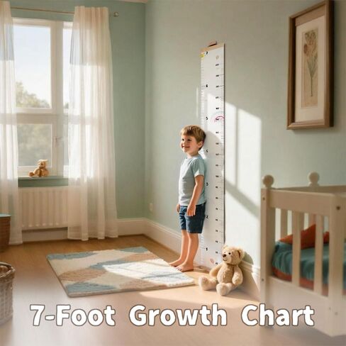 CEYAZYE Growth Chart for Wall, 7 Ft Height Chart Measurement for Kids | Waterproof Canvas Tracker Ruler with Wooden Keepsake Box, Hook, Marker Pen, Neutral Nursery Room Decor Gift for Baby to Teen in Kuwait