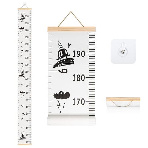 Kids Growth Chart for Wall with Clear Adhesive Hook, Waterproof Canvas Adult Child Baby Height Measuring Hanging Ruler 6.56 Feet for Nursery Children Room Decor (Wood Frame, 78.7"x7.9" Cartoon) in Kuwait