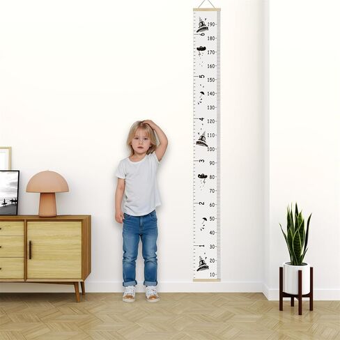 Kids Growth Chart for Wall with Clear Adhesive Hook, Waterproof Canvas Adult Child Baby Height Measuring Hanging Ruler 6.56 Feet for Nursery Children Room Decor (Wood Frame, 78.7"x7.9" Cartoon) in Kuwait