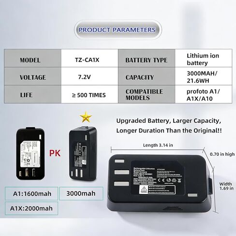 Replacement Li-ion Battery Compatible with Profoto Camera Flash A1/A1X/A10 Series (100498/100397) – 7.2V 3000mAh / 21.6Wh in Kuwait