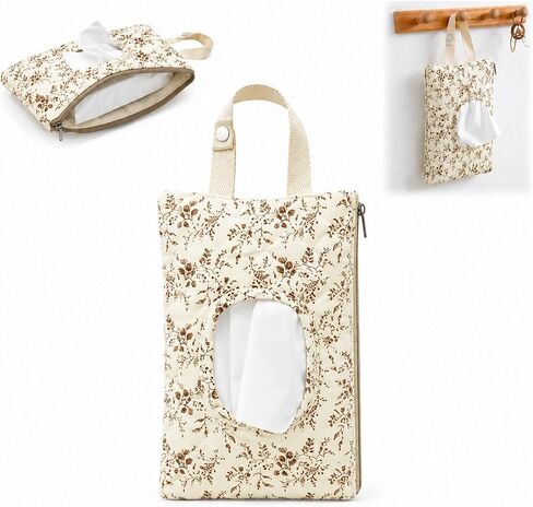 Floral Baby Wipe Holder Quilted Diaper Pouch, Portable Quilted Wipes Bag for Outdoor Stroller, Reusable Hanging Diaper and Wipes Pouches for Baby (Beige) in Kuwait