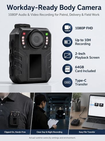 SPIKECAM 10 Hours Body Cameras with Audio and Video Recording, Real 1080P Body Cam for Security Guards, 2-Inch Screen Bodycam with Clear IR Night Vision, USB-C, 360° Clip in Kuwait