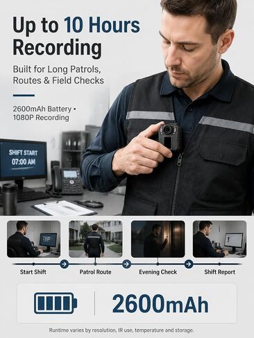 SPIKECAM 10 Hours Body Cameras with Audio and Video Recording, Real 1080P Body Cam for Security Guards, 2-Inch Screen Bodycam with Clear IR Night Vision, USB-C, 360° Clip in Kuwait