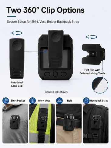 SPIKECAM 10 Hours Body Cameras with Audio and Video Recording, Real 1080P Body Cam for Security Guards, 2-Inch Screen Bodycam with Clear IR Night Vision, USB-C, 360° Clip in Kuwait