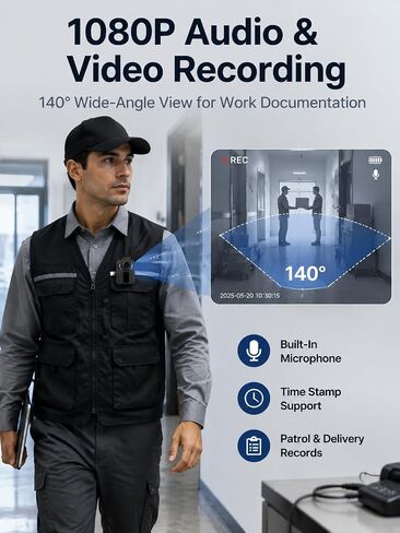 SPIKECAM 10 Hours Body Cameras with Audio and Video Recording, Real 1080P Body Cam for Security Guards, 2-Inch Screen Bodycam with Clear IR Night Vision, USB-C, 360° Clip in Kuwait