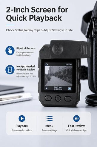SPIKECAM 10 Hours Body Cameras with Audio and Video Recording, Real 1080P Body Cam for Security Guards, 2-Inch Screen Bodycam with Clear IR Night Vision, USB-C, 360° Clip in Kuwait