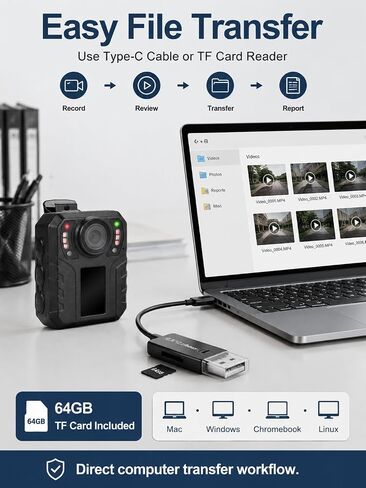 SPIKECAM 10 Hours Body Cameras with Audio and Video Recording, Real 1080P Body Cam for Security Guards, 2-Inch Screen Bodycam with Clear IR Night Vision, USB-C, 360° Clip in Kuwait