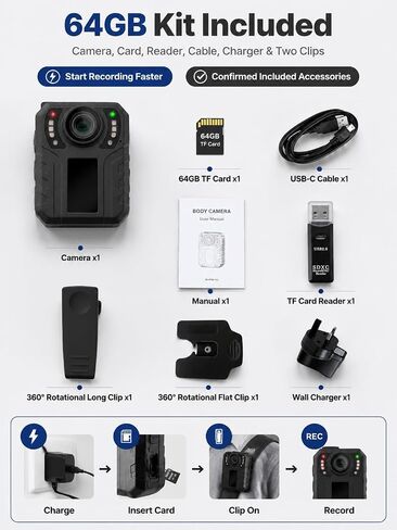 SPIKECAM 10 Hours Body Cameras with Audio and Video Recording, Real 1080P Body Cam for Security Guards, 2-Inch Screen Bodycam with Clear IR Night Vision, USB-C, 360° Clip in Kuwait