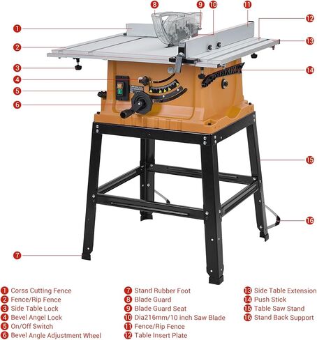 Table Saw, 10 Inch 15A Multifunctional Saw With Stand & Push Stick, 90° Cross Cut & 0-45° Bevel Cut, 5000RPM, Adjustable Blade Height for Woodworking, Orange in Kuwait