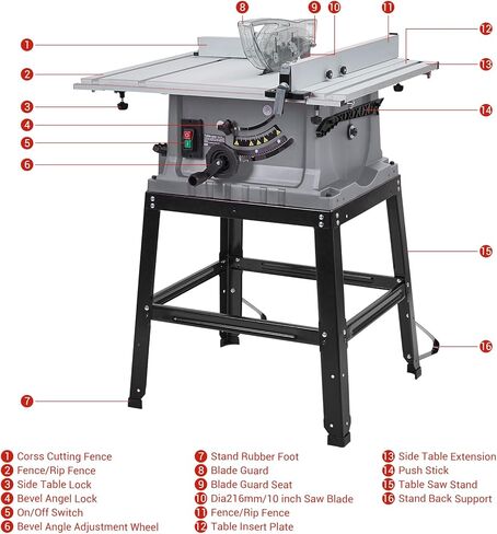 Table Saw, 10 in 15A Multifunctional Saw with Stand & Push Stick for Jobside, 90° Cross Cut & 0-45° Bevel Cut, Cutting Speed Up to 5000RPM, Adjustable Blade Height, Ideal for Woodworking, Grey in Kuwait