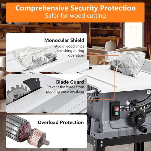 Table Saw, 10 in 15A Multifunctional Saw with Stand & Push Stick for Jobside, 90° Cross Cut & 0-45° Bevel Cut, Cutting Speed Up to 5000RPM, Adjustable Blade Height, Ideal for Woodworking, Grey in Kuwait