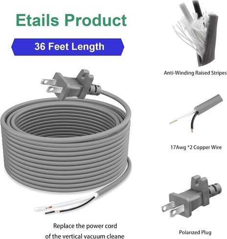 36Ft Vacuum Replacement Power Cord | 17 Guage 2-Prong Extension Cable Fit for Shark Bissell Hoover Electrolux Eureka Sanitaire Kenmore Upright Vacuum in Kuwait