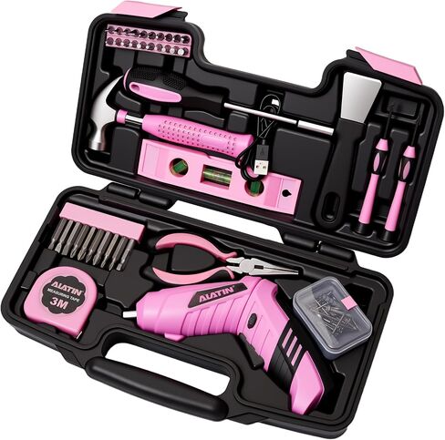 Pink Cordless Screwdriver Tool Set, 40-Piece Household Hand Tool Kit | With 3.7V Rechargeable Electric Screwdriver, Hammer, Pliers, Nails for Home Maintenance DIY Beginners in Kuwait