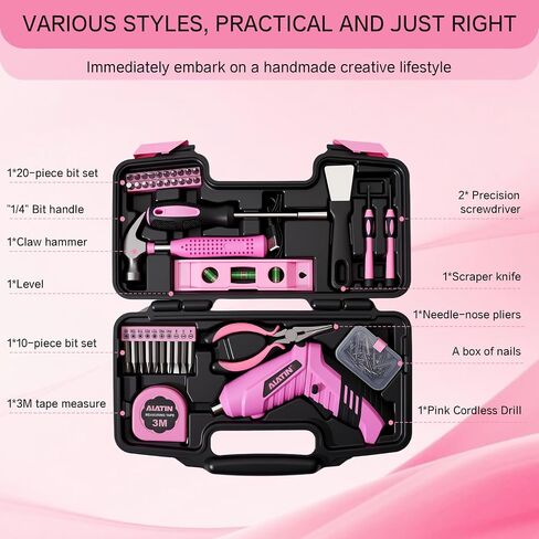Pink Cordless Screwdriver Tool Set, 40-Piece Household Hand Tool Kit | With 3.7V Rechargeable Electric Screwdriver, Hammer, Pliers, Nails for Home Maintenance DIY Beginners in Kuwait