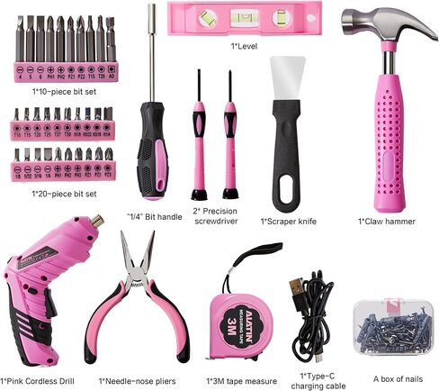 Pink Cordless Screwdriver Tool Set, 40-Piece Household Hand Tool Kit | With 3.7V Rechargeable Electric Screwdriver, Hammer, Pliers, Nails for Home Maintenance DIY Beginners in Kuwait