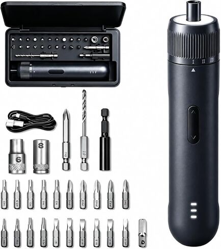 26-Piece Upgraded Cordless Electric Screwdriver Set | 3-gear torque (2/3/5Nm), 8Nm manual mode, auto-stop, 2000mAh power driver, 360° LED light, for electronics, home repair in Kuwait