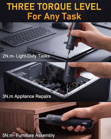 26-Piece Upgraded Cordless Electric Screwdriver Set | 3-gear torque (2/3/5Nm), 8Nm manual mode, auto-stop, 2000mAh power driver, 360° LED light, for electronics, home repair in Kuwait