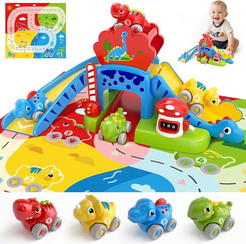 Toddler Toys for 1 2 Year Old Boy Gifts - Educational Dinosaur Slide Set with 4 Color/Number Push Cars and Playmat, Montessori Learning Toy for Baby 12-18 Months, 1st Birthday Present Ages 1-2, Red in Kuwait