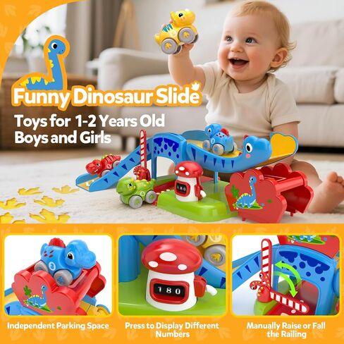 Toddler Toys for 1 2 Year Old Boy Gifts - Educational Dinosaur Slide Set with 4 Color/Number Push Cars and Playmat, Montessori Learning Toy for Baby 12-18 Months, 1st Birthday Present Ages 1-2, Red in Kuwait