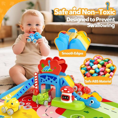 Toddler Toys for 1 2 Year Old Boy Gifts - Educational Dinosaur Slide Set with 4 Color/Number Push Cars and Playmat, Montessori Learning Toy for Baby 12-18 Months, 1st Birthday Present Ages 1-2, Red in Kuwait