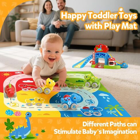 Toddler Toys for 1 2 Year Old Boy Gifts - Educational Dinosaur Slide Set with 4 Color/Number Push Cars and Playmat, Montessori Learning Toy for Baby 12-18 Months, 1st Birthday Present Ages 1-2, Red in Kuwait