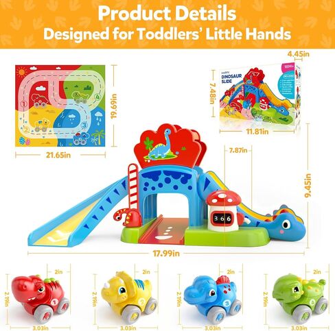 Toddler Toys for 1 2 Year Old Boy Gifts - Educational Dinosaur Slide Set with 4 Color/Number Push Cars and Playmat, Montessori Learning Toy for Baby 12-18 Months, 1st Birthday Present Ages 1-2, Red in Kuwait