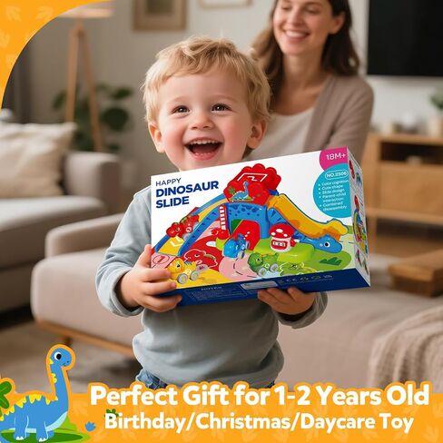 Toddler Toys for 1 2 Year Old Boy Gifts - Educational Dinosaur Slide Set with 4 Color/Number Push Cars and Playmat, Montessori Learning Toy for Baby 12-18 Months, 1st Birthday Present Ages 1-2, Red in Kuwait