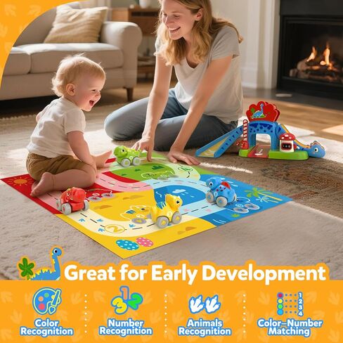 Toddler Toys for 1 2 Year Old Boy Gifts - Educational Dinosaur Slide Set with 4 Color/Number Push Cars and Playmat, Montessori Learning Toy for Baby 12-18 Months, 1st Birthday Present Ages 1-2, Red in Kuwait