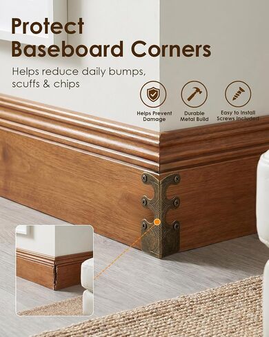 16 Pcs Solid Brass Corner Protectors, Baseboard & Furniture, Bronze | Vintage Style, Decorative Brass Corner Guards with Screws for Skirting Board, Table, Bookshelves & Wall Protection in Kuwait