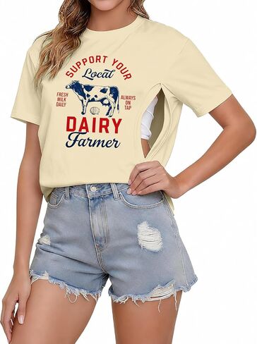 Women’s Breastfeeding T-Shirt With Hidden Zipper Dairy Farmer Nursing Tee in Kuwait