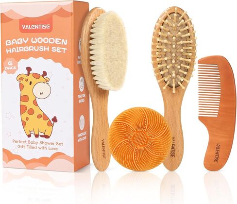 4 Pack Wooden Baby Hair Brush Set, Baby Brush and Comb Set with Soft Goat Bristle, Cradle Cap Brush for Newborns & Toddlers, Perfect Baby Registry Gift in Kuwait