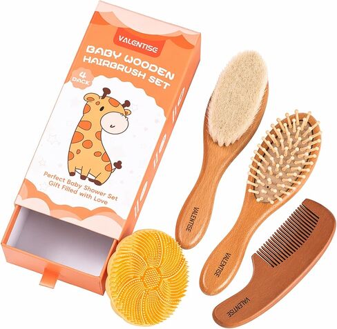 4 Pack Wooden Baby Hair Brush Set, Baby Brush and Comb Set with Soft Goat Bristle, Cradle Cap Brush for Newborns & Toddlers, Perfect Baby Registry Gift in Kuwait