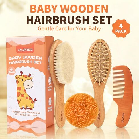 4 Pack Wooden Baby Hair Brush Set, Baby Brush and Comb Set with Soft Goat Bristle, Cradle Cap Brush for Newborns & Toddlers, Perfect Baby Registry Gift in Kuwait