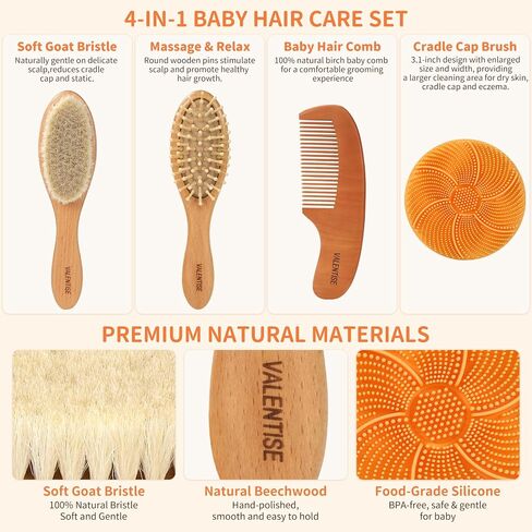 4 Pack Wooden Baby Hair Brush Set, Baby Brush and Comb Set with Soft Goat Bristle, Cradle Cap Brush for Newborns & Toddlers, Perfect Baby Registry Gift in Kuwait