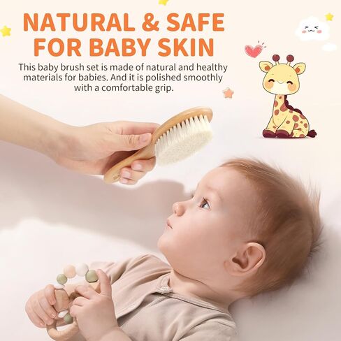 4 Pack Wooden Baby Hair Brush Set, Baby Brush and Comb Set with Soft Goat Bristle, Cradle Cap Brush for Newborns & Toddlers, Perfect Baby Registry Gift in Kuwait