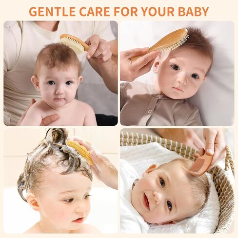 4 Pack Wooden Baby Hair Brush Set, Baby Brush and Comb Set with Soft Goat Bristle, Cradle Cap Brush for Newborns & Toddlers, Perfect Baby Registry Gift in Kuwait
