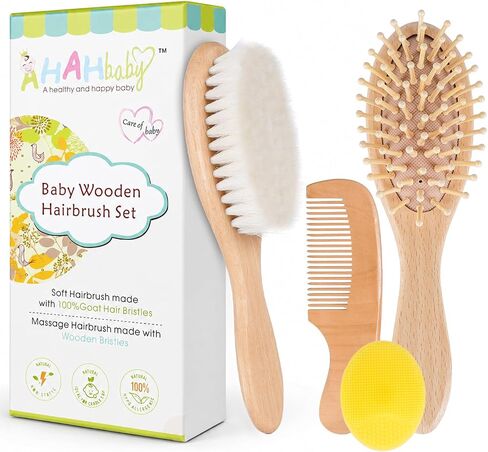 4 Piece Baby Hair Brush and Comb Set for Newborns, Wooden Baby Brush with Soft Natural Goat Bristle, Infant Hair Care Kit Helps Prevent Cradle Cap, Grooming Essentials Gift for Boys and Girls in Kuwait